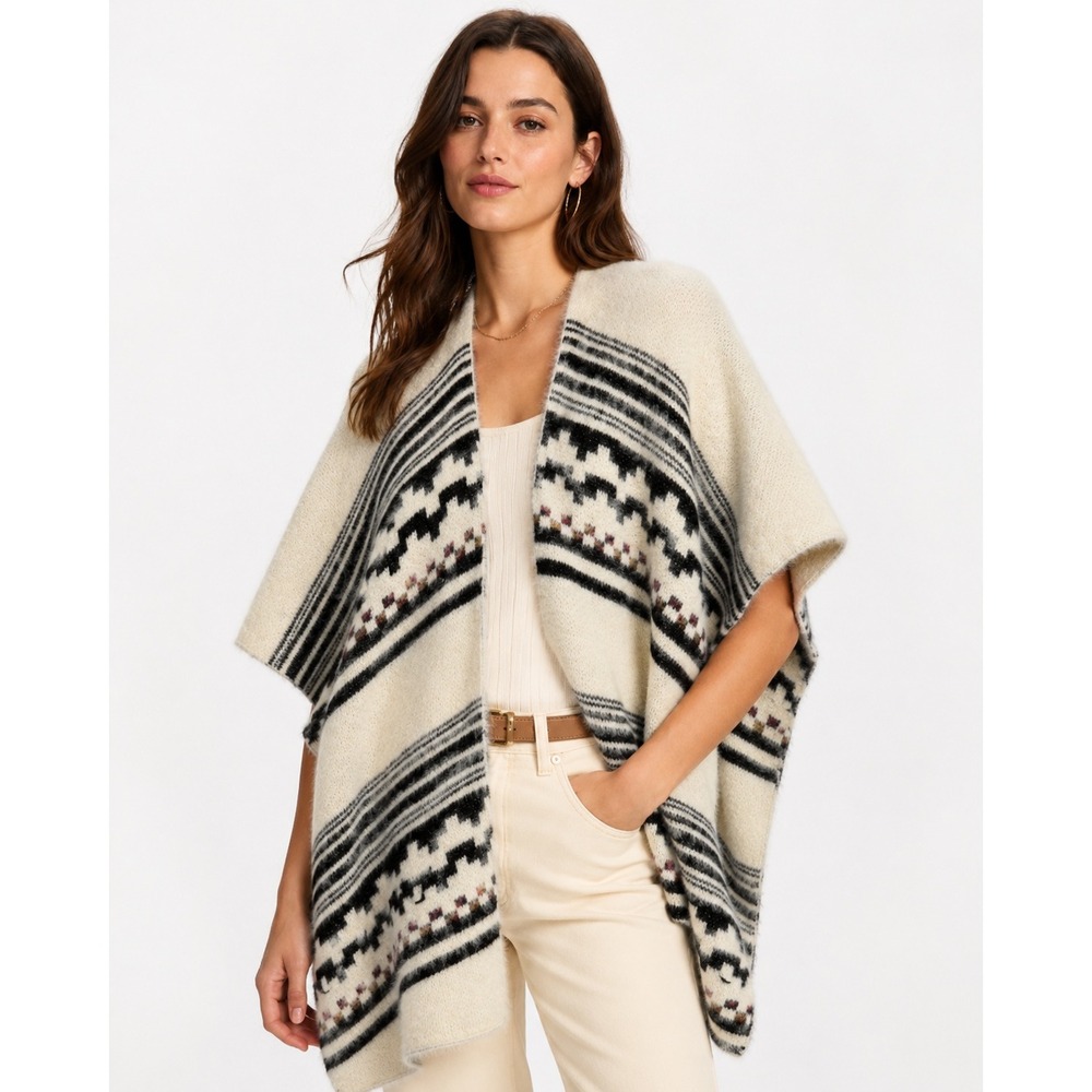 Akemi + Kin Anthropologie Southwestern Open Front Poncho Wrap Cream Black OS